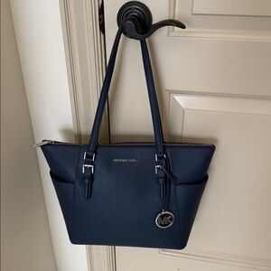 Michael Kors Charlotte Large Saffiano Leather Top-Zip Tote Bag Navy/ Silver